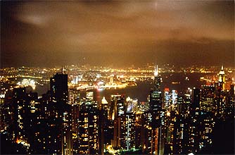 View from Victoria Peak by night on the harbour and Hong Kong Island