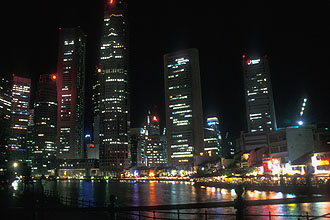 Singapore Boat Quay and skyline by night