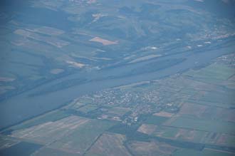 BUD Hungary - danube river with islands and landscape with fields from aircraft 3008x2000
