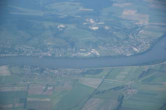 BUD Hungary - danube river with villages and landscape with fields from aircraft 3008x2000