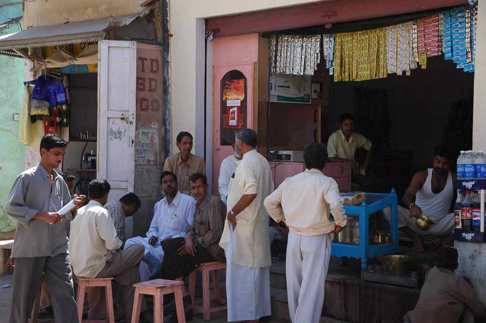 DEL Mandawa in Shekawati region - men meeting in local bar on the main street 3008x2000