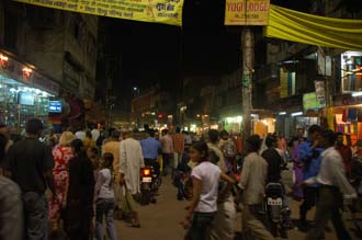 VNS Varanasi or Benares - busy street scene near Dasaswamedh Ghat by night 3008x2000