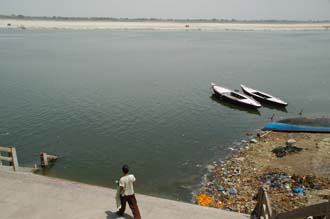 VNS Varanasi or Benares - pollution in the holy Ganges river near Harishchandra burning Ghat 3008x2000