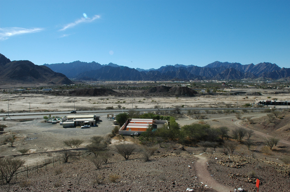 DXB Hatta - Hatta Town from hilltop with main road and Hajar mountain backdrop panorama 3008x2000